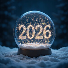 Snow globe containing glowing 2026 numbers, floating spark trails.