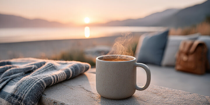Serene sunrise by the lake with warm coffee and cozy blanket