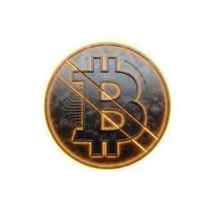Bitcoin symbol with a prohibition sign, isolated on transparent background