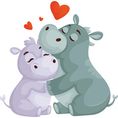 Two Adorable Hippos Embracing and Sharing Affection With Red Hearts Floating Above Them Symbolizing Love and Companionship