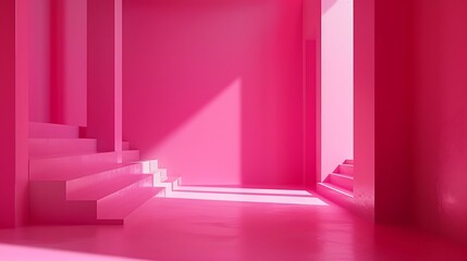 A pink room with stairs and a light shining through the window creating shadows on the walls