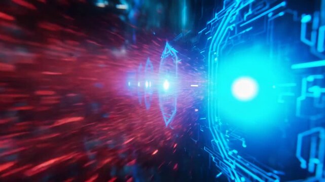 Digital Gateway: A stunning visual representation of a digital portal. This image captures the essence of cyberspace, with red and blue representing the duality of data and information transfer. 