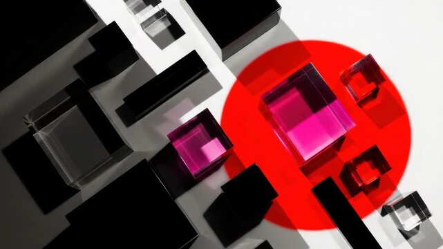 Dynamic abstract geometric composition featuring black and transparent cubes. A vibrant red circle and glowing pink elements create a modern design background for technology or art