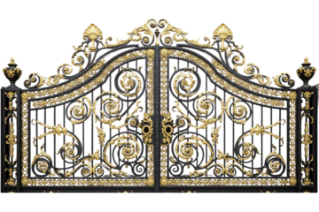 An ornate wrought iron gate featuring intricate gold.
