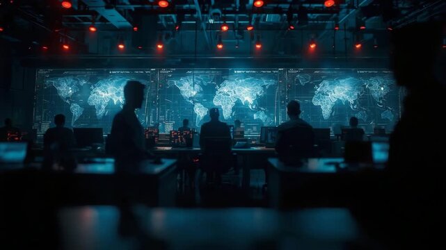 Strategic Operations Room: Silhouetted figures stand before a global map display, immersed in strategic planning and monitoring. The room exudes an aura of intense focus, technology.