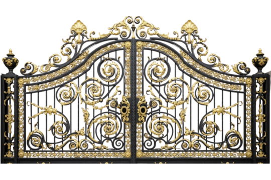 An ornate wrought iron gate featuring intricate gold.