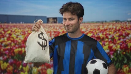 Man in blue soccer jersey holding a money bag by the drawstring and cradling a soccer ball in studio with tulip field backdrop; playful confidence. - Powered by Adobe