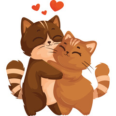 Two Adorable Pixel Art Cats Brown And Orange Embrace With Hearts Floating Above Symbolizing Love And Affection On Transparent Background
