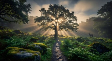 Sunlit Path Leads to Majestic Oak Tree in a Lush Forest Landscape