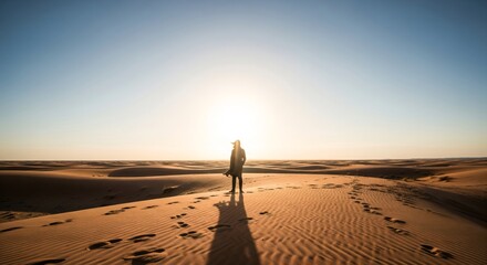 Solitary figure in desert landscape at sunrise - footprints in sand