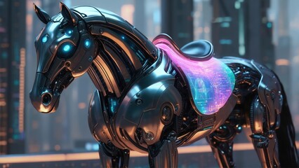 Metallic robotic horse with glowing blue eyes, detailed features, a saddle, and a city background