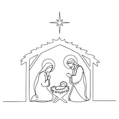 Minimalist Nativity one line drawing shows holy family in stable, one line representation. This simple Minimalist Nativity displays Joseph, Mary and baby Jesus under bright star.