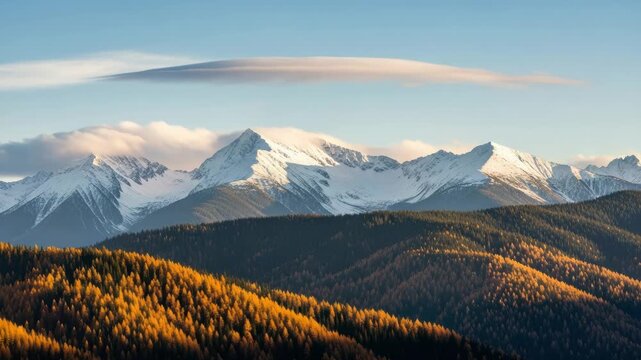 Majestic snow-capped peaks tower over rolling hills adorned with golden autumn larch trees. A serene blue sky features soft clouds, creating a beautiful natural panorama