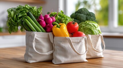 A variety of fresh vegetables including lettuce, radishes, and tomatoes in reusable bags on a kitchen counter, promoting healthy eating and sustainability.