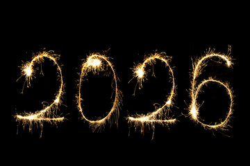 Happy New Year 2026 in sparkler font and firework