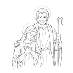 Obraz premium Mary and Joseph line drawing illustration depicting biblical scene with halos, creating a serene and reverent portrayal. Mary and Joseph line drawing showcases the figures in simple yet elegant lines.