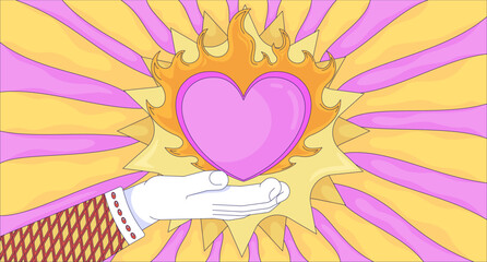 Hand offering flames heart with radiating light lofi wallpaper. Surreal symbolism. Y2K passion groovy love burning rays 2D cartoon flat illustration. Vector art image lo fi aesthetic color background