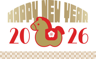 午年のベクター年賀状、かわいい馬の置物、金と赤	