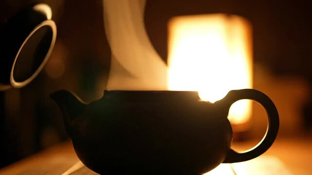 Warm steam rises from a dark teapot with a soft glow from a nearby lamp, creating a cozy atmosphere.