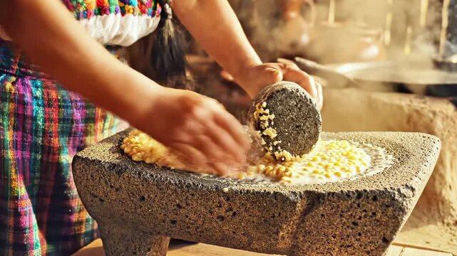 A person grinds corn with a volcanic stone implement. Vibrant clothing is visible