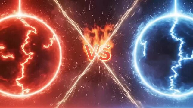 Red versus blue neon rings facing off in dramatic light show
