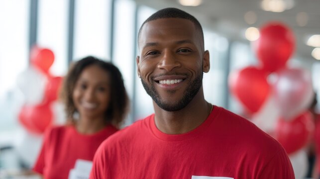Two cheerful volunteers in red shirts at a community event, surrounded by balloons. The atmosphere is friendly and welcoming, ideal for charity promotions. - Powered by Adobe