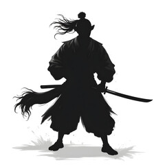 Silent Warrior: An imposing silhouette of a solitary samurai stands ready, a katana at his side, embodying the quiet strength and discipline of an ancient warrior. 