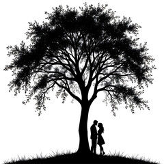Eternal Silhouette: A tender moment of affection unfolds beneath the boughs of an ancient tree, silhouetting a couple's intimate embrace against a backdrop of nature's timeless elegance.