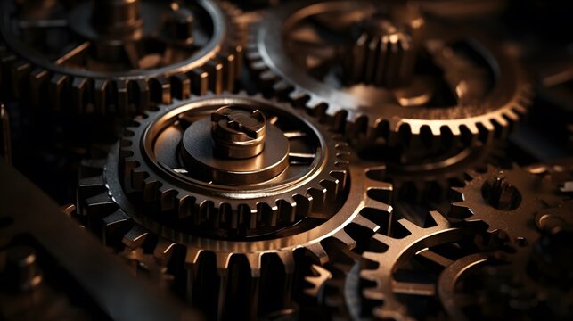 High-resolution conceptual composition of interlocking bronze cogwheels, showing detailed mechanical engineering and metallic structure old watch mechanism