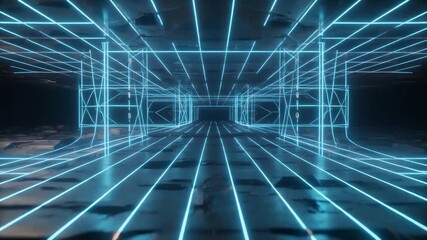 Abstract futuristic neon tunnel with bright blue glowing lines and geometric structures in a dark, empty space, representing technology. - Powered by Adobe
