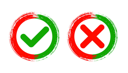 Green tick mark in a circle and red x mark in a circle as brush strokes, indicating correct or incorrect choice isolated on solid white background