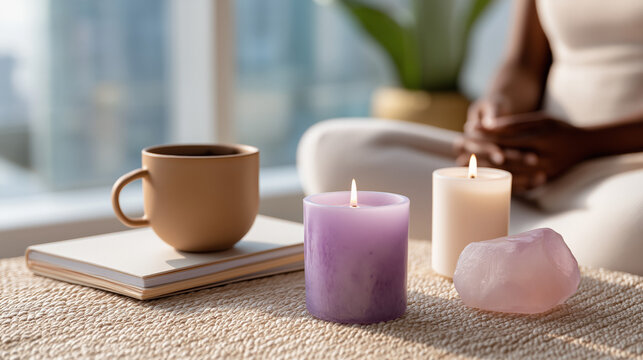 Relaxing meditation with candles and coffee next to african female in calm setting