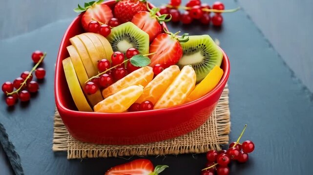 Image features a heart-shaped red bowl filled with a vibrant assortment of fresh fruit, placed on a dark slate surface. The bowl contains sliced strawberries, kiwi, apple, orange segments, and red cur