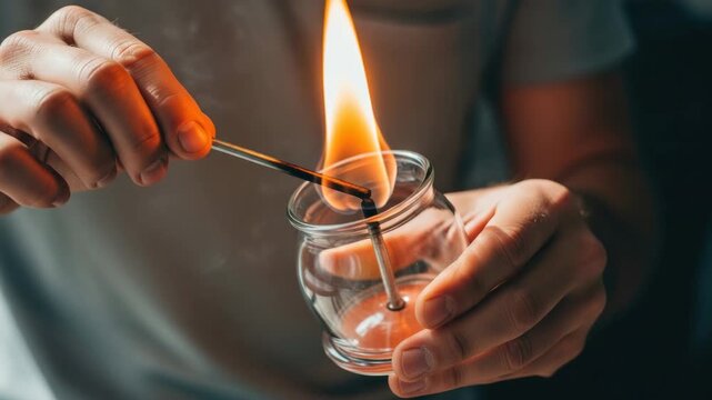 Therapist preparing a glass cup with fire for a traditional cupping therapy procedure. Alternative medicine treatment for pain relief, relaxation, and promoting circulation