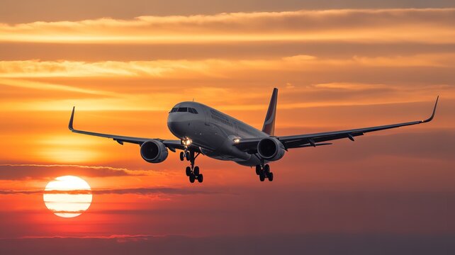 A commercial airplane takes off against a vibrant sunset sky, symbolizing travel, adventure, and the excitement of exploring new destinations worldwide