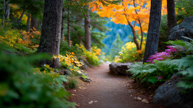 Serene autumn forest pathway with vibrant foliage and sunlit flora