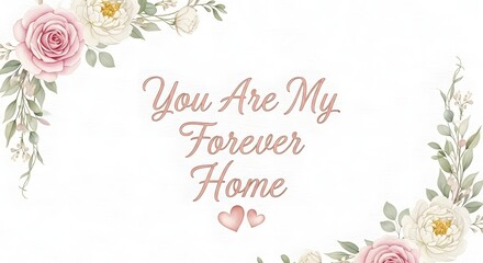 Elegant floral greeting card with soft pink roses and greenery, featuring the heartfelt message 'You Are My Forever Home' in stylish script font for special occasions