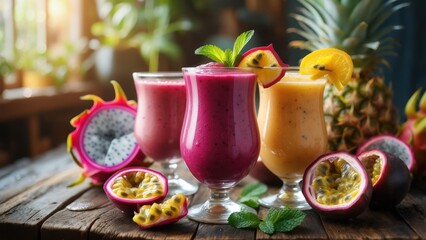 Three vibrant smoothies sit among fresh fruit on a rustic wooden table, with pineapple and greenery