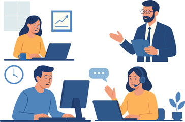 Team members working together in an office environment, using computers and headsets