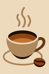 Illustration of a steaming cup of coffee with a coffee bean on a beige background