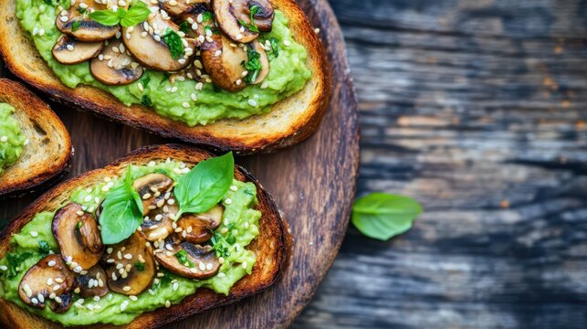 Culinary Delight: Avocado Toast with Sautéed Mushrooms: An artfully arranged plate showcasing appetizing avocado toast topped with succulent, sautéed mushrooms, with basil leaves, and sesame seeds.