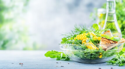 Summer Salad Delight: A vibrant summer salad is presented in a glass bowl, showcasing an array of fresh ingredients. The image also captures a clear bottle of dressing.