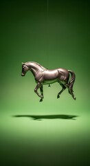 Obraz premium A metallic horse sculpture suspended in mid-air against a vibrant green background, creating a surreal and artistic visual effect