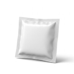 A single blank white sachet or packet with a textured edge presented in a clean minimalist studio shot isolated on white background