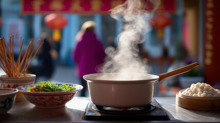 Steaming pot in asian street market with lanterns and food display