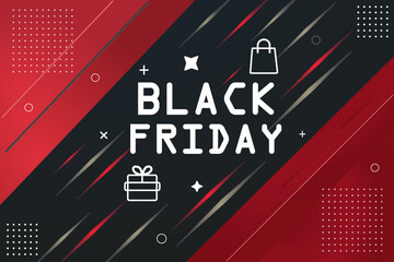 Black Friday sale banner with gift box and shopping bag on a red and black background