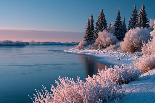Tranquil winter landscape with frosty trees and icy river at sunrise