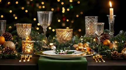 Festive Table Setting: A beautifully arranged dining scene radiates warmth, a symphony of sparkling glassware, gleaming candles, and seasonal foliage set the stage for a festive celebration.