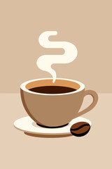 Steaming coffee cup illustration with a coffee bean on a beige background