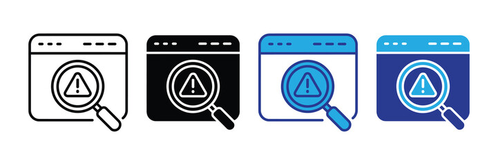 Collection of four alert warning icons with magnifying glass over web page browser window on white background for website or app design